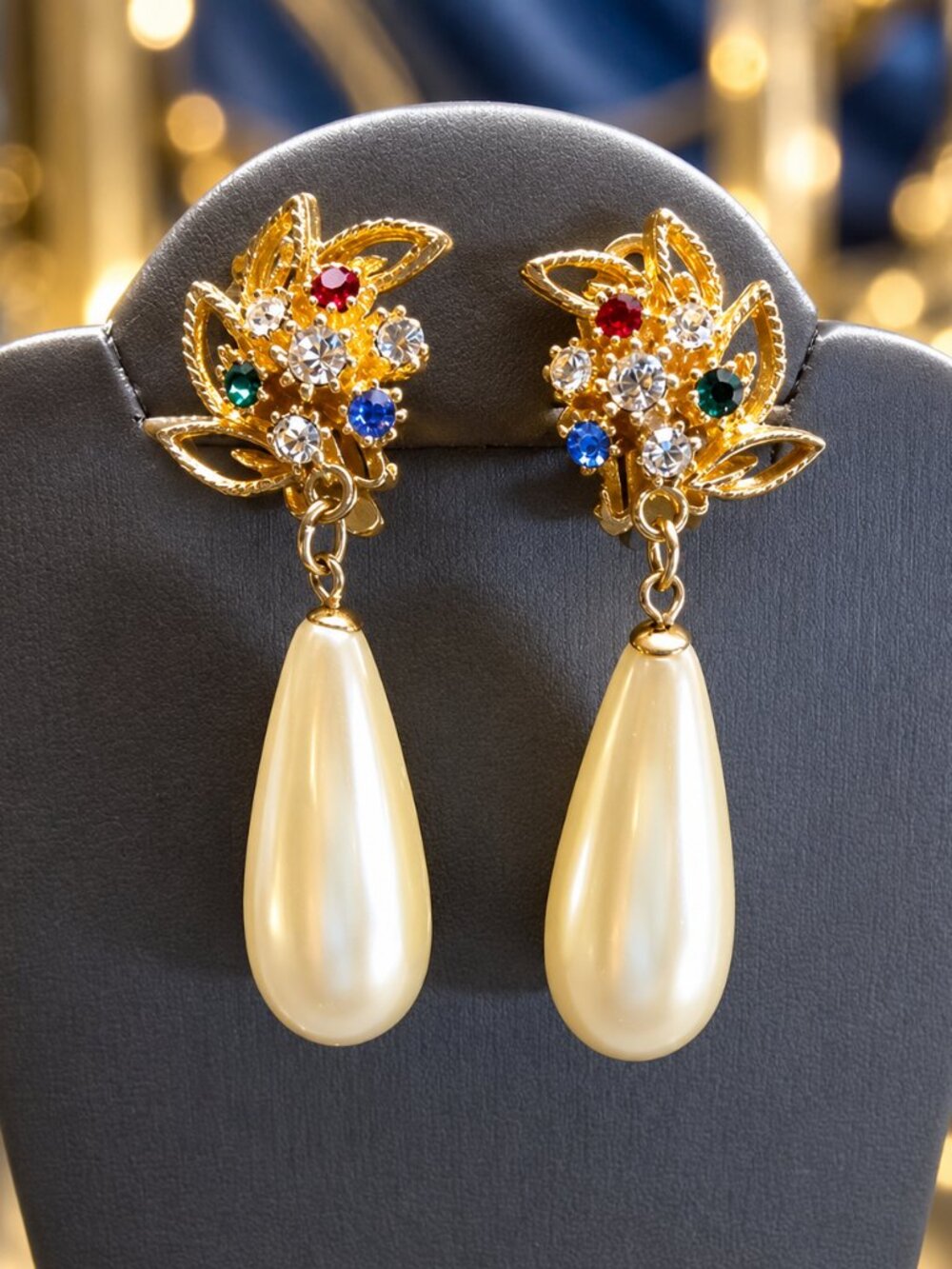 1980s Vintage Christmas Earrings Pearl Dangles Gold Rhinestone Leaves